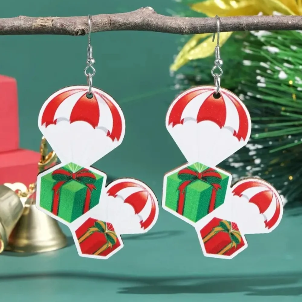 Festive Christmas Parachute Gifts Presents Wooden Womens Dangle Drop Earrings‎